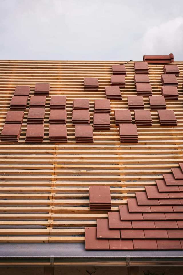 Roof tiles arranged on a timber frame
