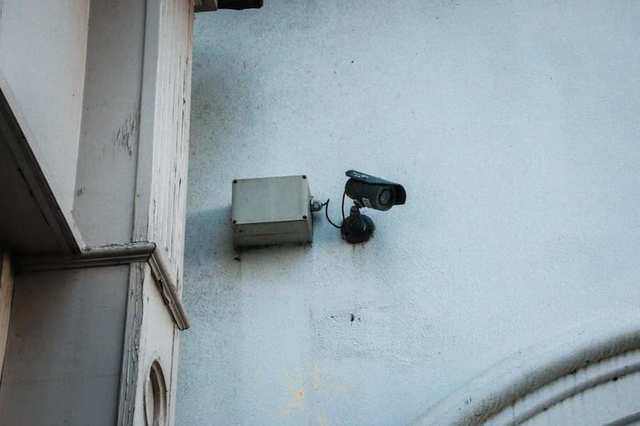 Security camera mounted on a wall