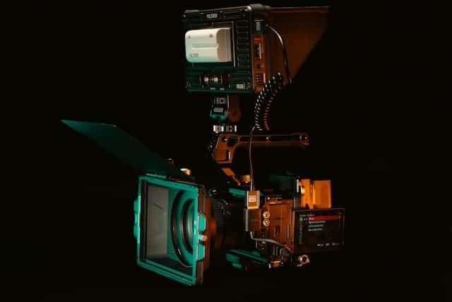 Camera rig lit against a dark background