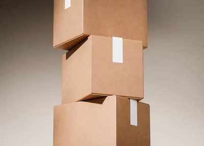 Stacked cardboard moving boxes sealed for storage